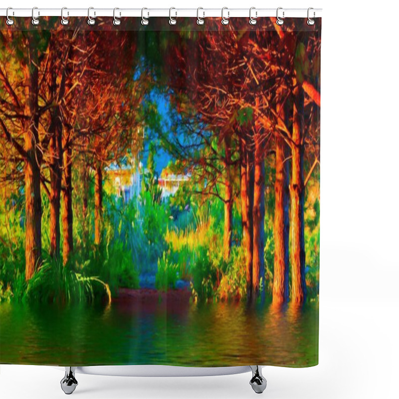 Personality  Trees And Grassland In The Flood, Digital Painting With A Canvas Texture Shower Curtains