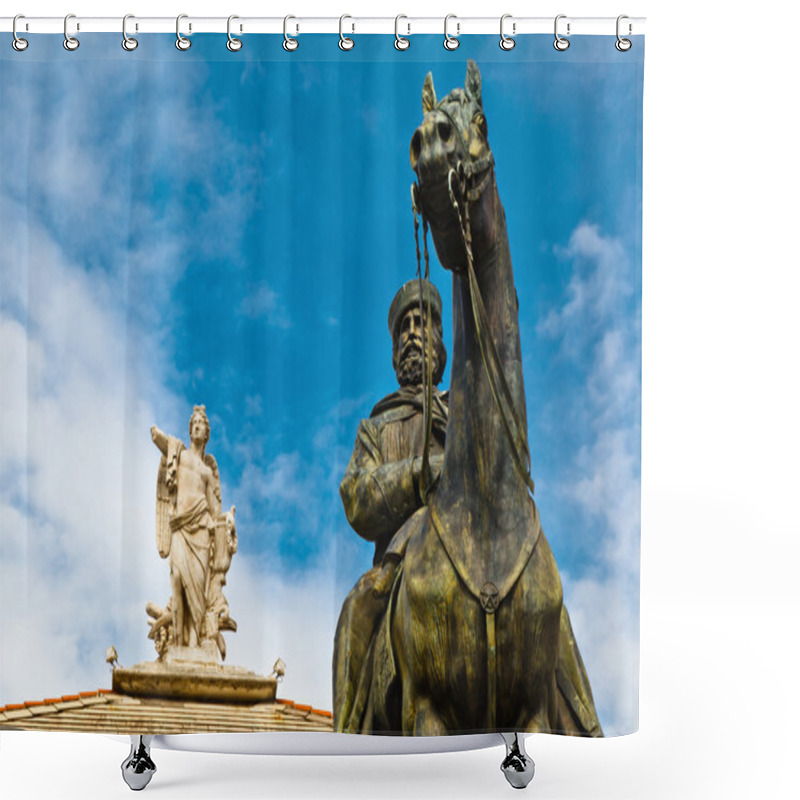 Personality  Giuseppe Garibaldi Statue And Muse With Harp In Genoa, Italy Shower Curtains