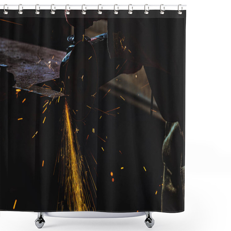 Personality  Cropped Image Of Manufacture Worker Using Circular Saw With Sparkles At Factory Shower Curtains