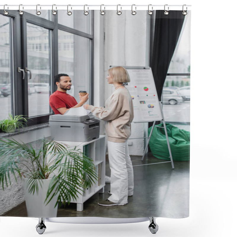 Personality  Blonde Woman Copying Document Near African American Colleague With Paper Cup  Shower Curtains