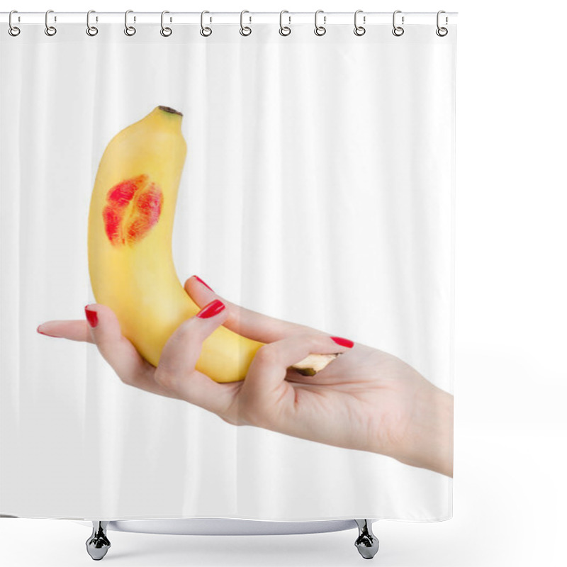 Personality  Sexy Hand With Red Nails Holding Banana With Red Lipstick. Shower Curtains