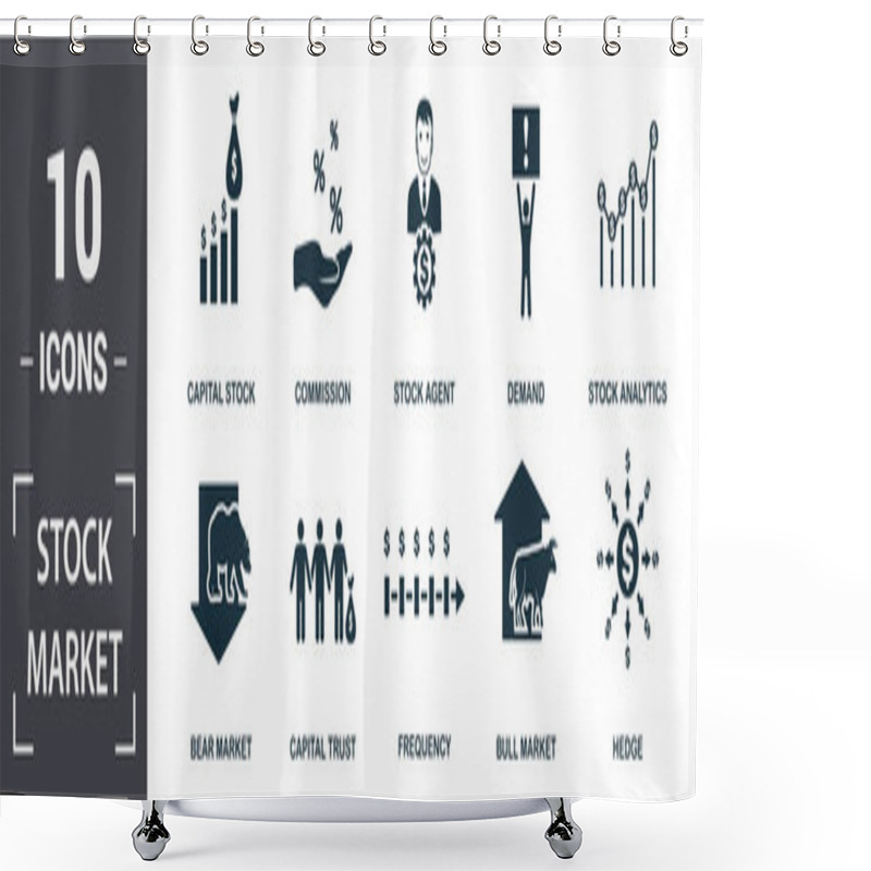 Personality  Stock Market Icon Set. Contain Filled Flat Bear Market, Bull Market, Stock Analytics, Stock Agent, Capital Stock, Capital Trust, Demand, Frequency Icons. Editable Format Shower Curtains