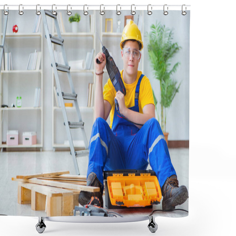 Personality  Young Man Assembling Wood Pallet Shower Curtains