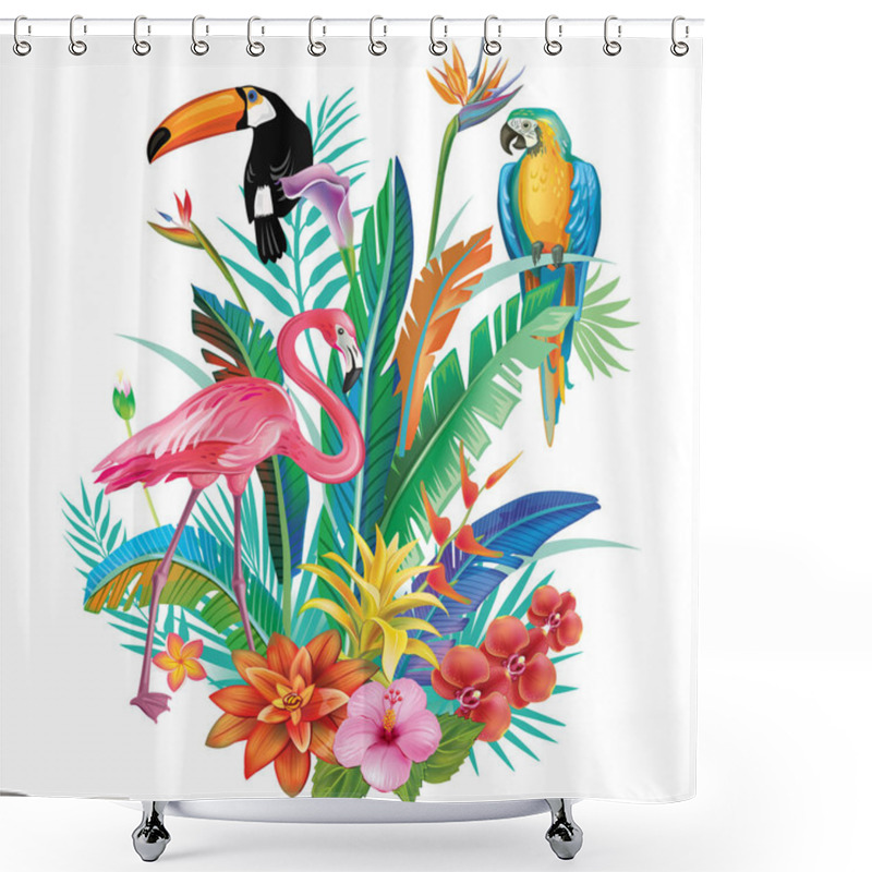 Personality  Border From Tropical Flowers, Leaves And Flamingoes Shower Curtains