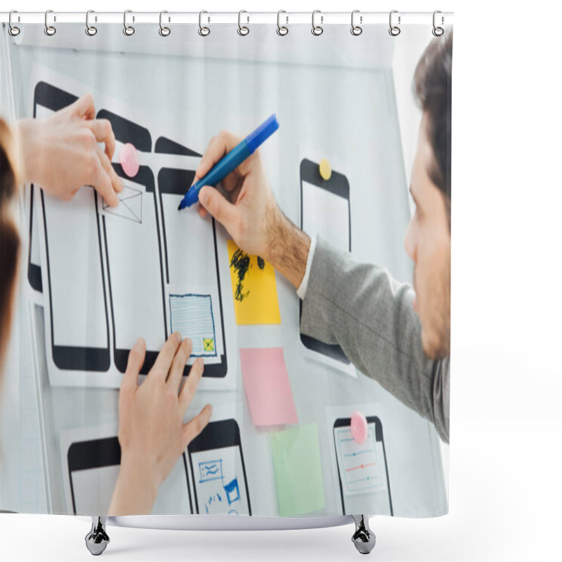 Personality  Selective Focus Of Developers With Marker Working With Wireframe Sketches For Mobile Website On Whiteboard In Office  Shower Curtains