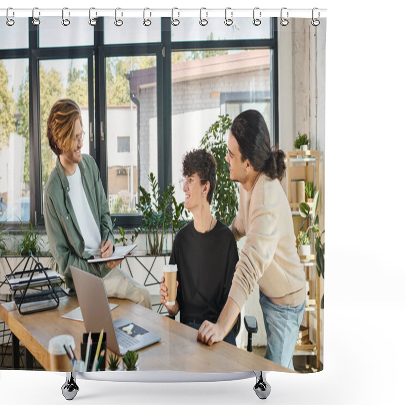 Personality  Happy Young Man With Coffee To Go Discussing Startup Project With His Male Colleagues, Teamwork Shower Curtains