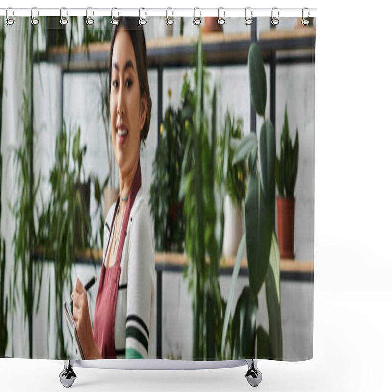 Personality  A Smiling Asian Woman, Owner Of A Plant Shop, Works Diligently While Surrounded By Lush Greenery. Shower Curtains