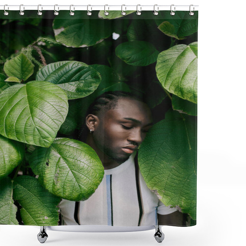 Personality  A Stylish African American Man Stands Poised With Closed Eyes Amidst Lush Green Leaves. Shower Curtains