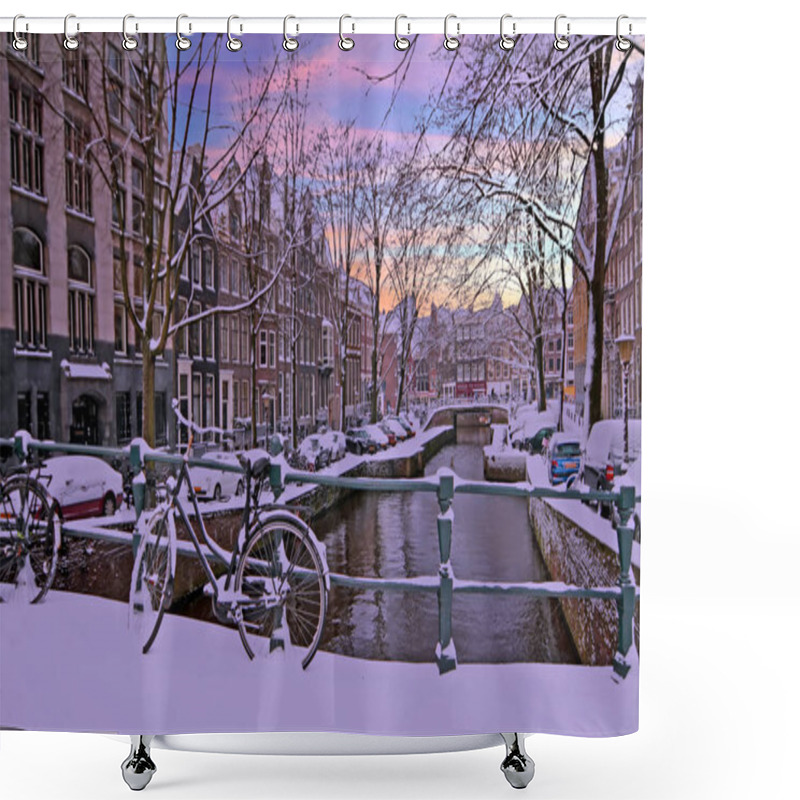 Personality  City Scenic From Amsterdam In Winter In The Netherlands At Sunset Shower Curtains