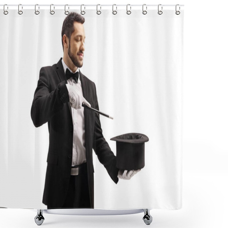 Personality  Magician Performing A Trick With A Magic Wand And A Top Hat Isolated On White Background Shower Curtains