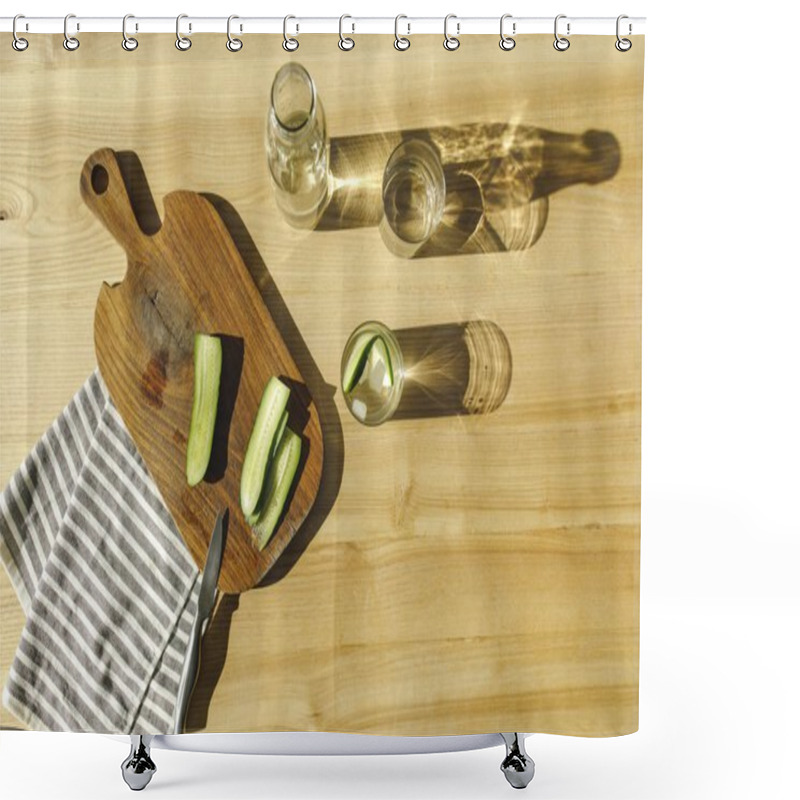 Personality  Top View Of Cut Cucumbers And Antioxidant Water On Wooden Surface  Shower Curtains