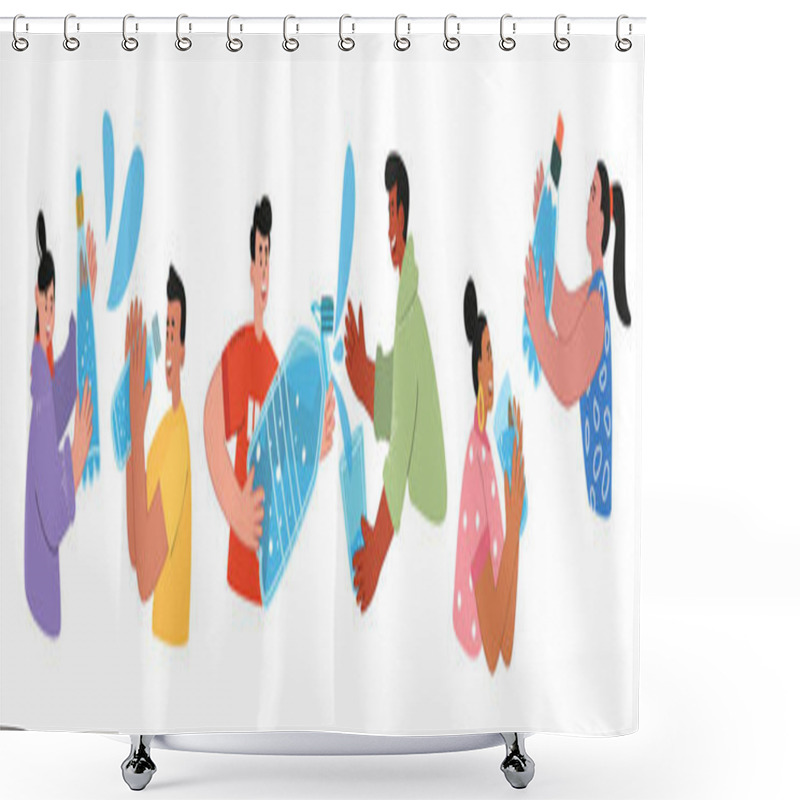 Personality  People Of Different Nations Drink Water. World Water Day. The Concept Of Safe Clean Drinking Water For Health And Global Concern For The Environment. Vector Illustration Shower Curtains