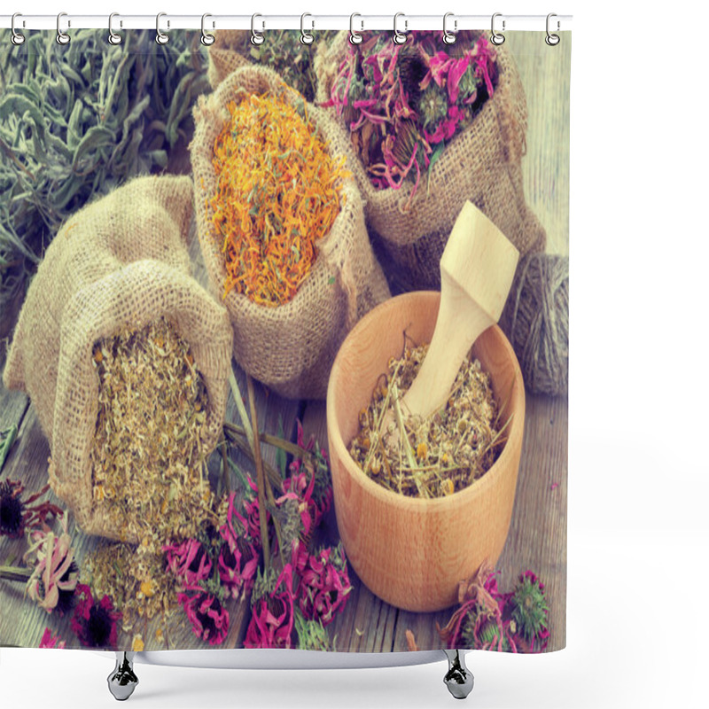 Personality  Healing Herbs In Hessian Bags, Mortar With Chamomile On Rustic T Shower Curtains