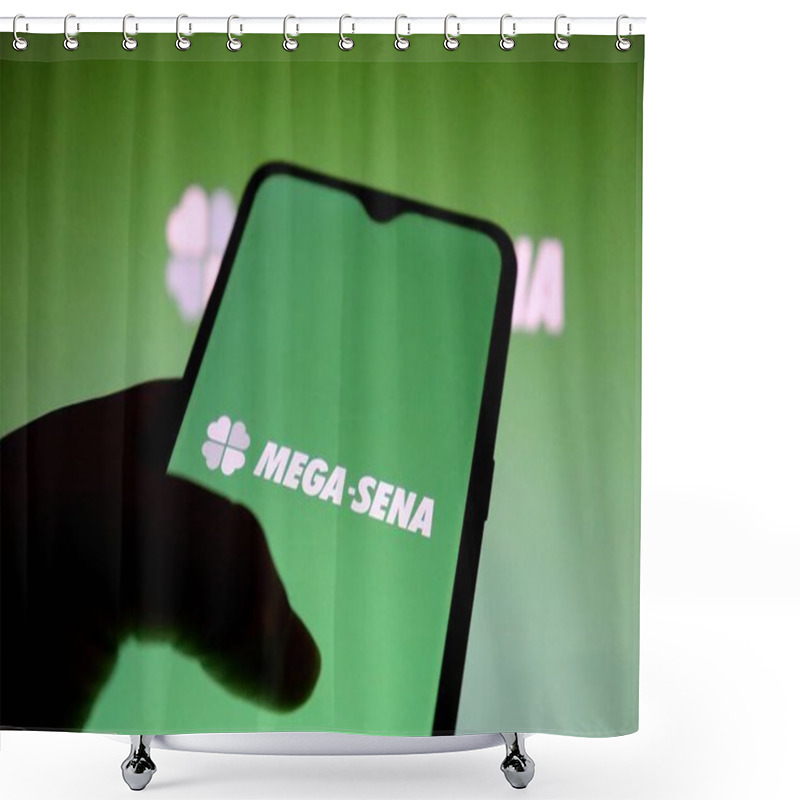 Personality  Bahia, Brazil - July 22, 2021: Mega Sena Lottery Logo On Smartphone Screen. Brazilian Lottery Of Caixa Economica Federal - Loterias Online. Shower Curtains