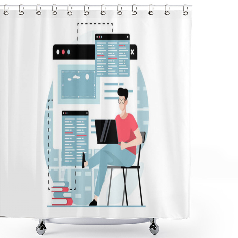 Personality  Web Development Concept With People Scene In Flat Design. Man Programming And Writing Code, Tests And Fixes Bugs, Works On Different Screens. Vector Illustration With Character Situation For Web Shower Curtains