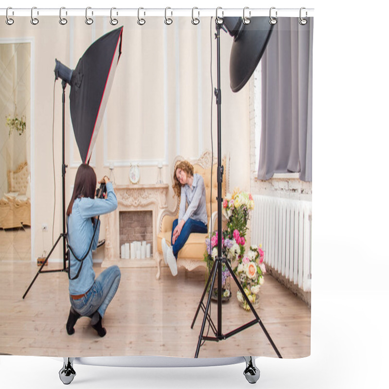 Personality  Woman Photographer In A Studio Making Portrait Photo Shoot Session For Young Woman. Softbox Flash And Other Impulse Light Equipment In The Interior Of Photographic Studio Shower Curtains