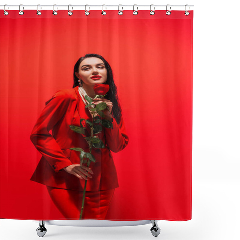 Personality  Stylish Woman In Pearl Necklace Holding Rose On Red Background  Shower Curtains