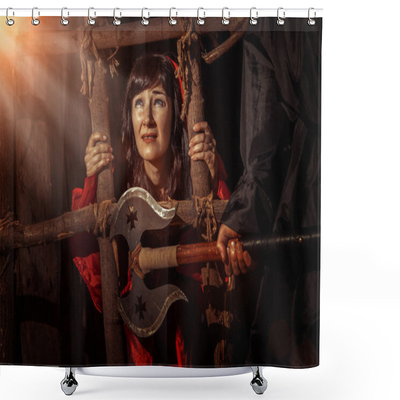 Personality  Beautiful Witch In Red Dress In The Dungeon Shower Curtains