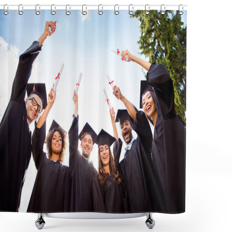 Personality  Congratulations To Graduates! Low Angle Shot Of Cheerful Group O Shower Curtains