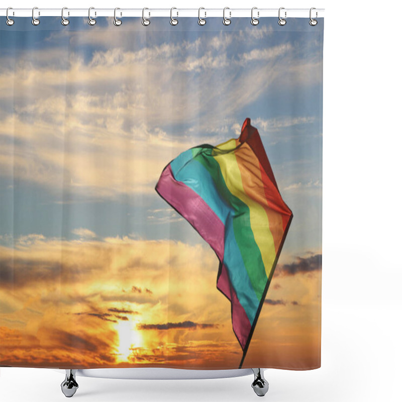 Personality  Bright Rainbow LGBT Flag Against Sky At Sunset Shower Curtains