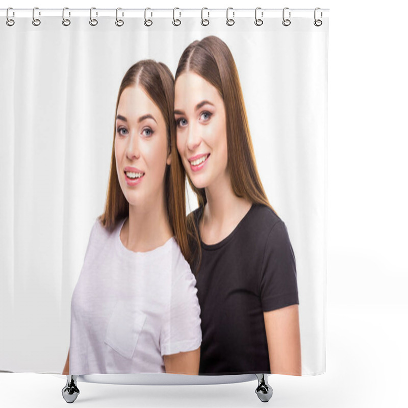 Personality  Portrait Of Smiling Twins In Black And White Stylish Clothing Isolated On White Shower Curtains