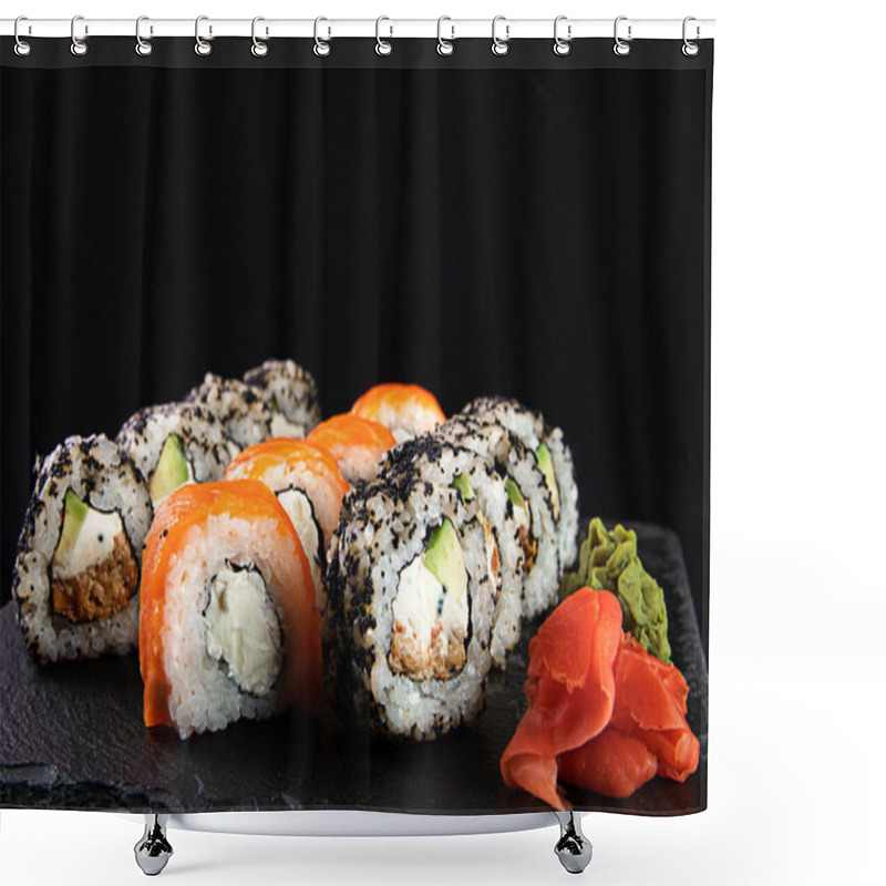 Personality  Roll Philadelphia Made Of Fresh Salmon And Cream Cheese Inside. Salmon Sushi Roll On A Coconut Shell. Dish Decorated With A Sprig Of Cherry Blossoms. Traditional Japanese Cuisine Shower Curtains