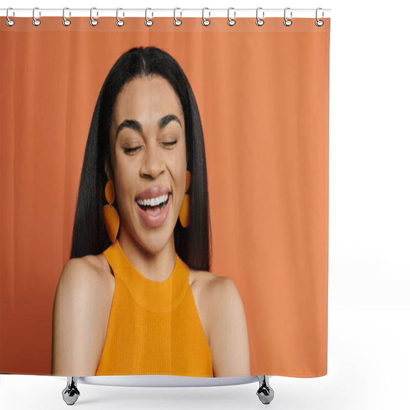 Personality  A Radiant Woman Joyfully Smiles, Exuding Confidence And Warmth. Shower Curtains