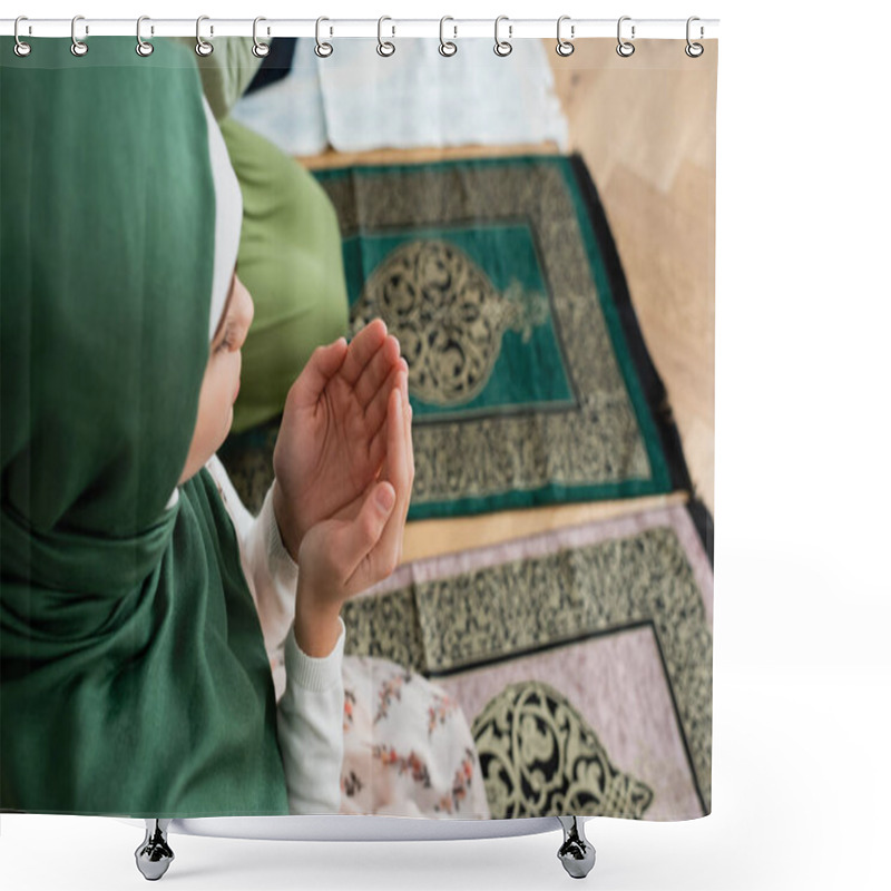 Personality  Overhead View Of Teen Kid Praying Near Mom At Home  Shower Curtains