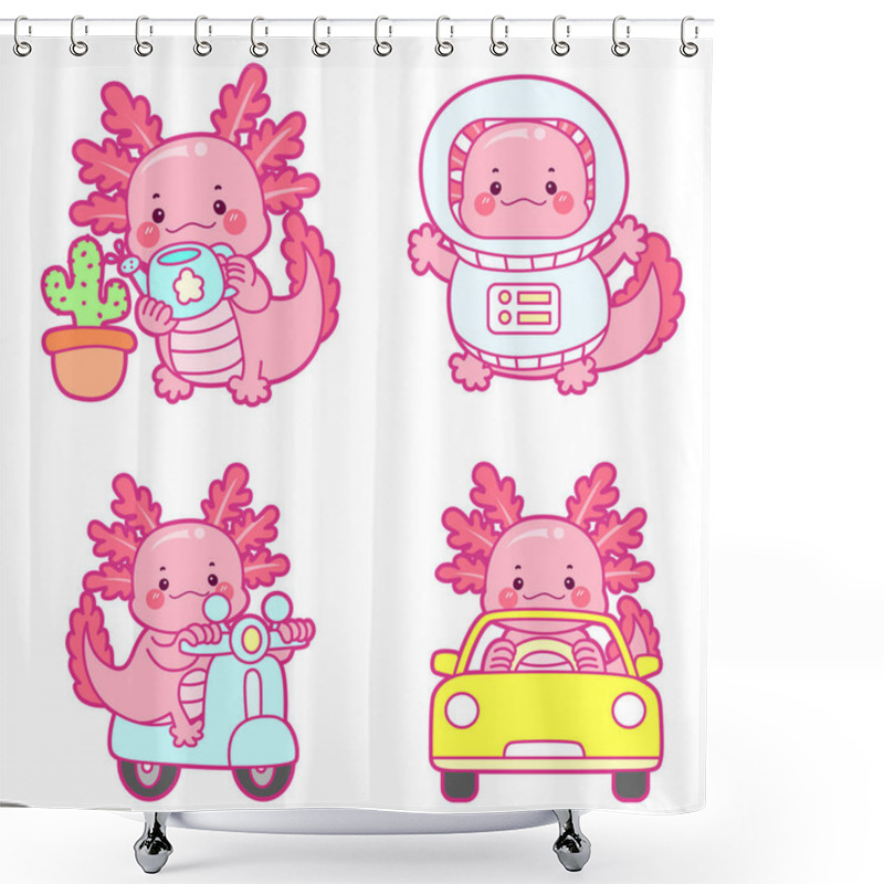 Personality  Illustration Of Cute Axolotl Activities Icon.Funny Pink Axolotl In Daily Routine Stickers. Shower Curtains