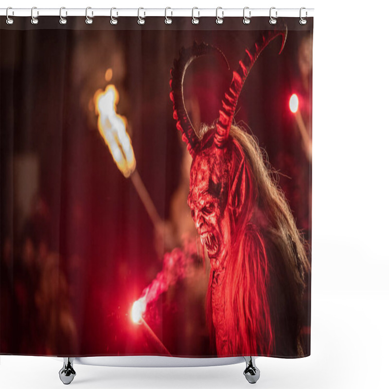 Personality  Krampus. Christmas Devils. Flames. Fire. Waiting For San Nicolo Shower Curtains