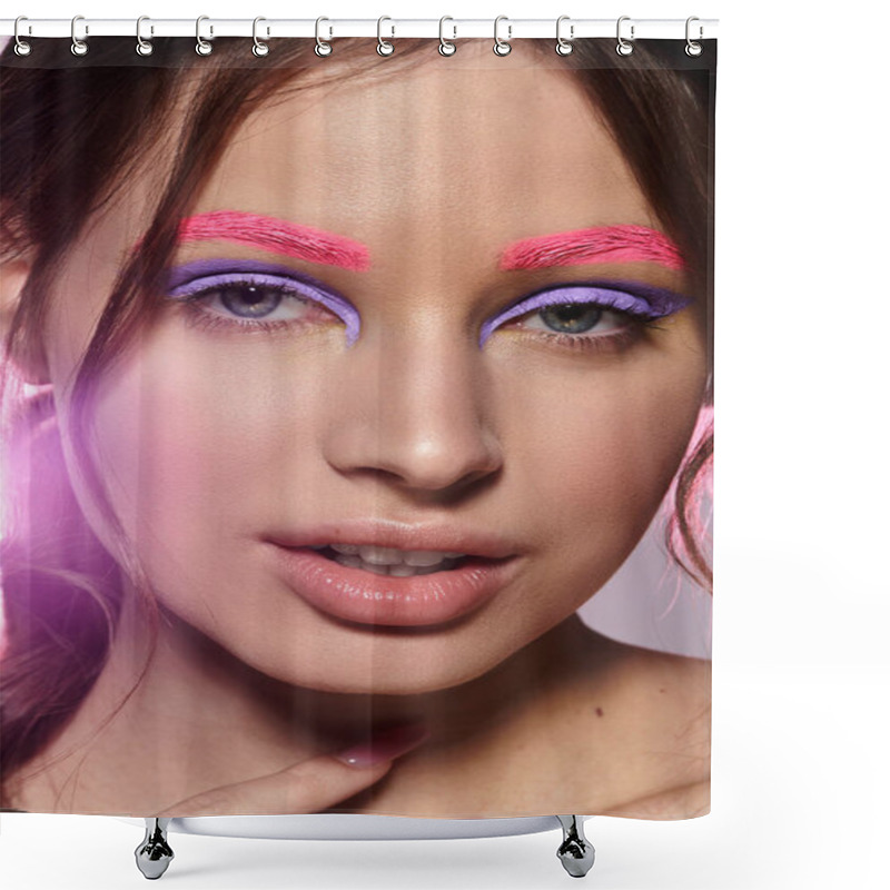 Personality  Young Woman Showcases Striking Purple Eyeshadow And Pink Eyebrows Against A Grey Backdrop. Shower Curtains