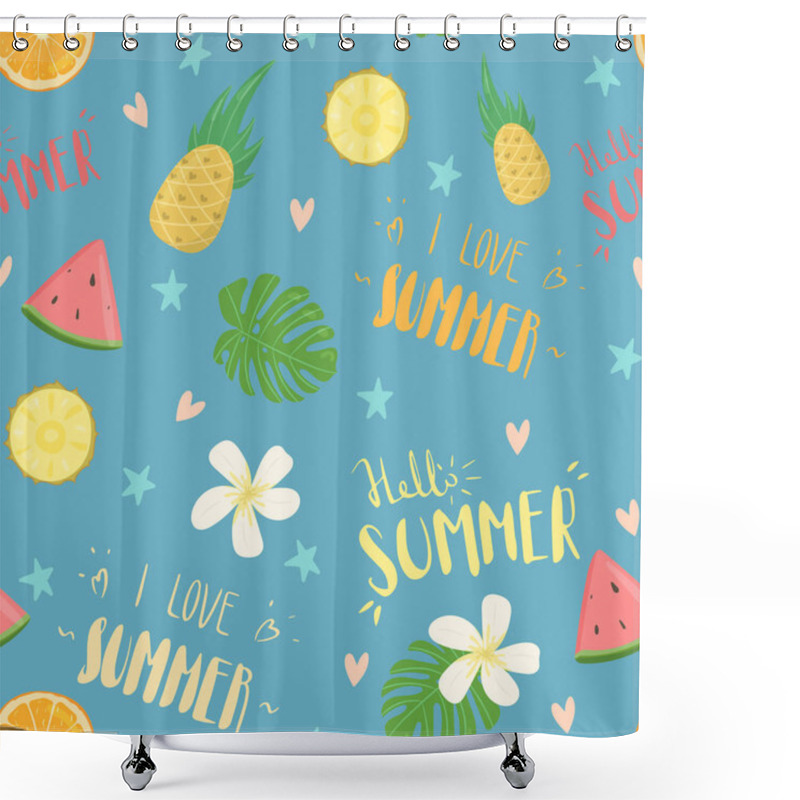 Personality  Seamless Summer Pattern With Tropical Fruits And Hand-written Lettering Shower Curtains