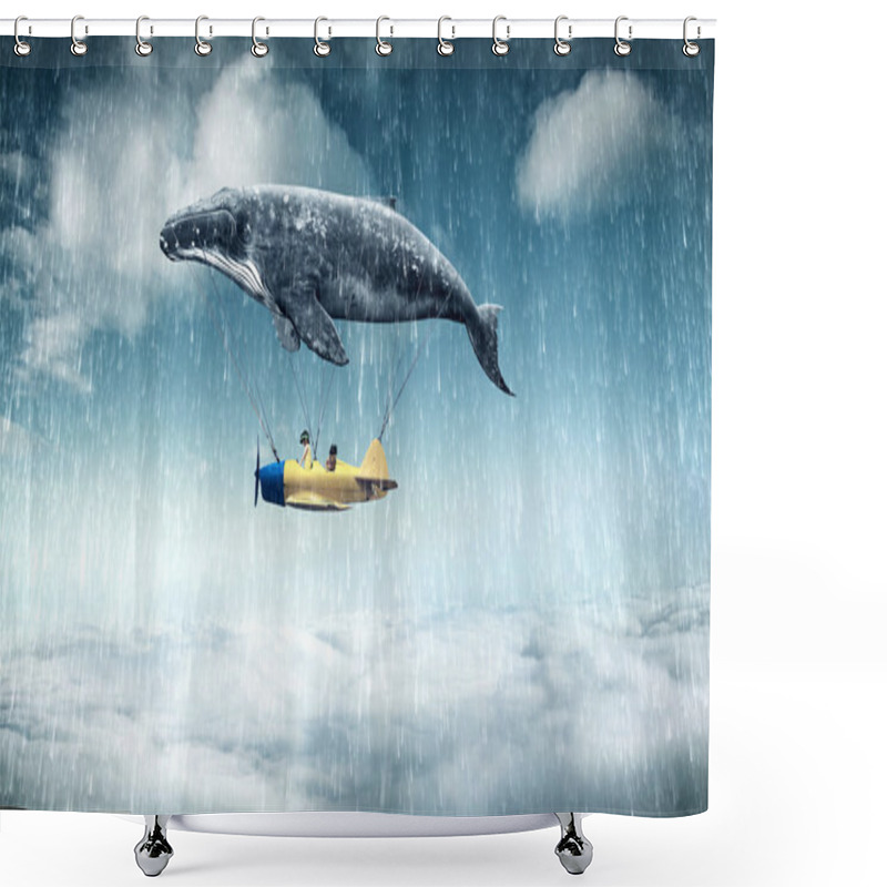 Personality  Whale With Aircraft And Two Girls Over Clouds Shower Curtains