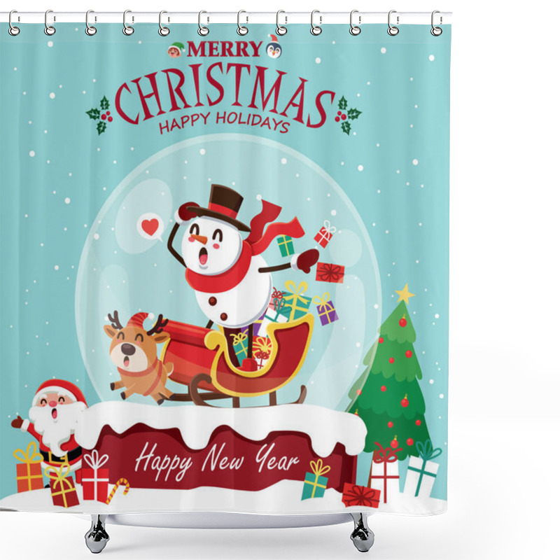 Personality  Vintage Christmas Poster Design With Vector Penguin, Snowman, Santa Claus, Elf, Reindeer Characters. Shower Curtains