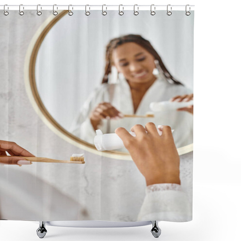 Personality  An African American Woman With Afro Braids Brushes Her Teeth In Front Of A Mirror In A Modern Bathroom. Shower Curtains