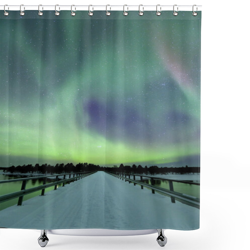 Personality  Aurora Borealis Over A Bridge In Winter, Finnish Lapland Shower Curtains