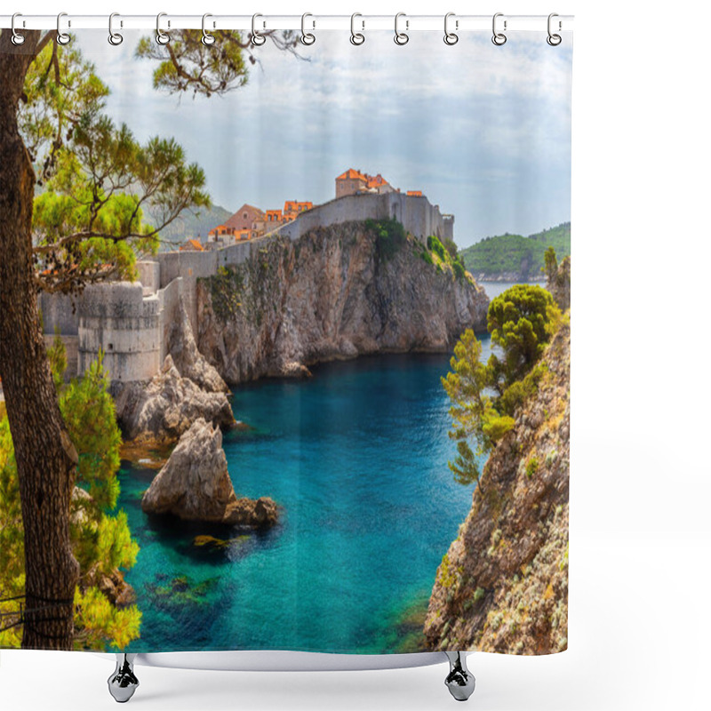 Personality  Dubrovnik Old Town With Turquoise Water Bay On Adriatic Sea, Dalmatia, Croatia. Medieval Fortress On The Sea Coast. Popular Travel Destination. Travel Background. Shower Curtains