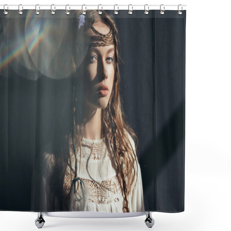 Personality  Attractive Girl With Braids In Hairstyle Posing In White Boho Dress On Grey With Lens Flares  Shower Curtains