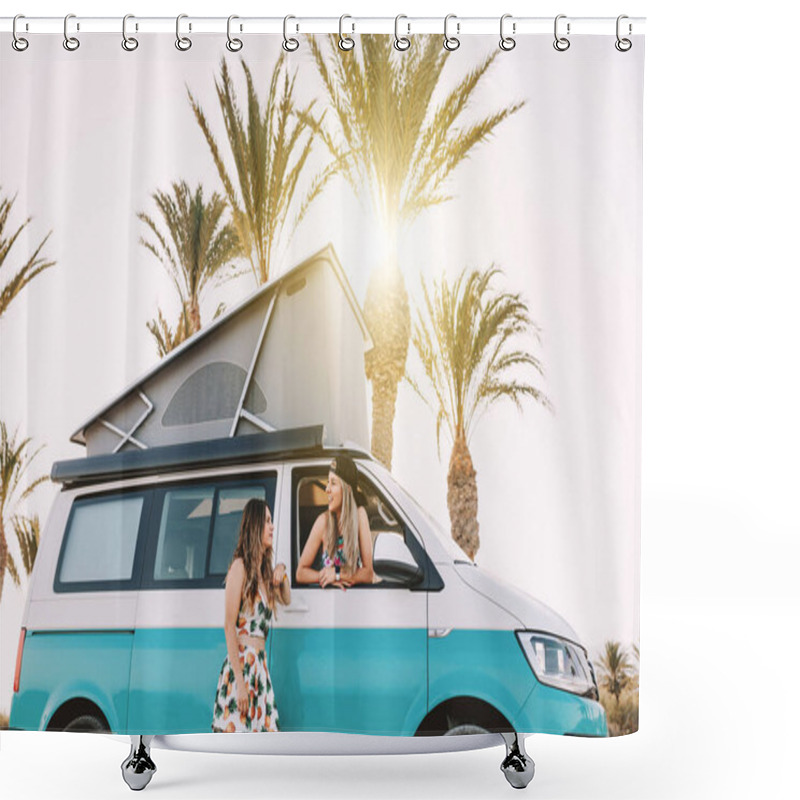 Personality  Two Young Women Having Fun In Her Van Near The Beach Shower Curtains