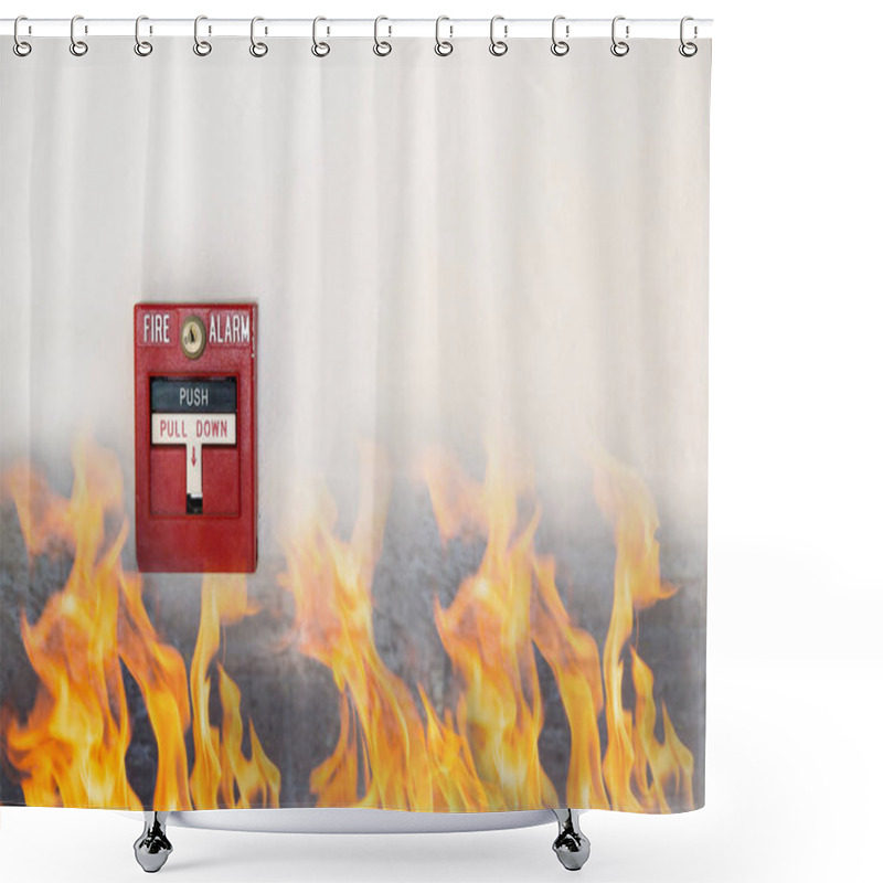 Personality  Fire Alarm Box On Cement Wall For Warning And Security System In The Condominium Place. Standard Safety In The Resident, Shopping Mall And Public Place Concept. Image For Copy Space, Background. Shower Curtains