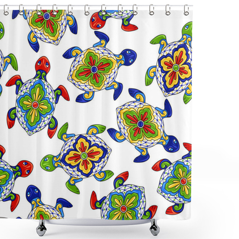 Personality  Mexican Seamless Pattern With Turtles. Traditional Decorative Objects. Talavera Ornamental Ceramic. Ethnic Folk Ornament. Shower Curtains