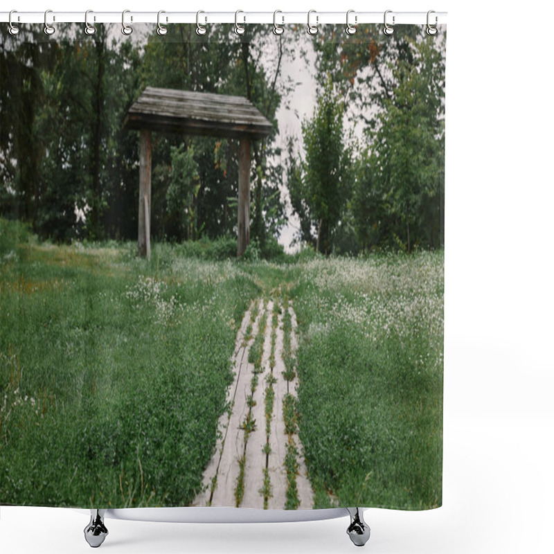 Personality  Wooden Path And Green Grass In Garden Shower Curtains