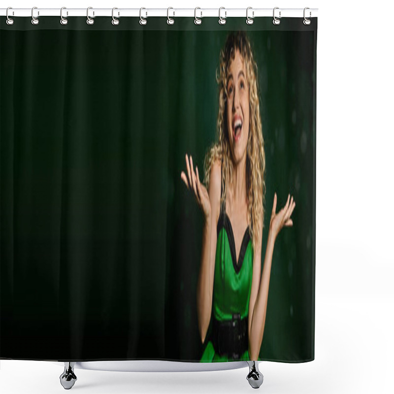 Personality  Happy Woman Dressed As New Year Elf Catching First Snowflakes On Dark Green Background, Banner Shower Curtains