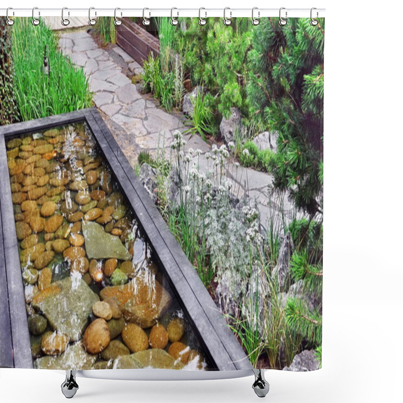 Personality  Decorative Above Ground Pond In Japanese Style In Back Yard Garden And Stone Footpath. Modern Backyard Garden Landscaping With Designed Elements. Family Rest Area At Small Designed Pond In Garden. Shower Curtains