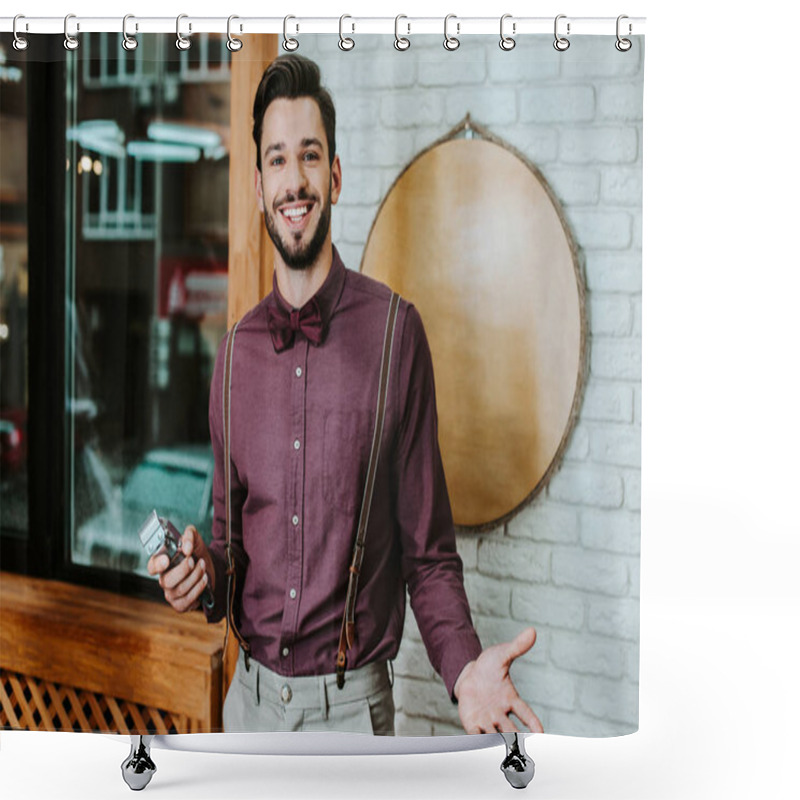 Personality  Happy Bearded Barber Holding Trimmer And Gesturing In Barbershop  Shower Curtains