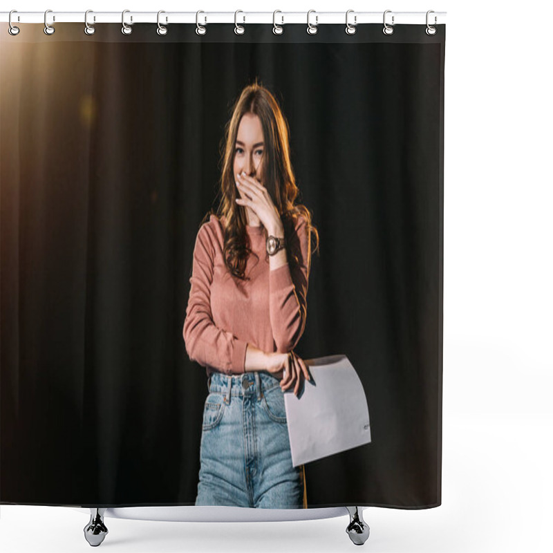 Personality  Laughing Actress With Screenplay On Black With Dramatic Lighting Shower Curtains