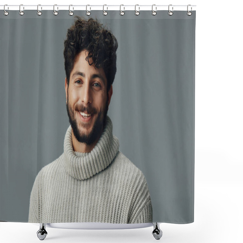 Personality  Face Man Studio Expression Grey Isolated Happy White Cheerful Adult Male Confident Handsome Guy Young Model Caucasian Beard Casual Person Attractive Portrait Background Shower Curtains