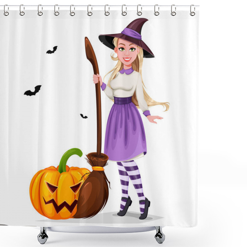 Personality  Happy Halloween. Beautiful Witch Cartoon Character Holding Broomstick And Standing Near Pumpkin. Vector Illustration On White Background Shower Curtains