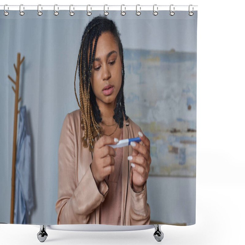 Personality  Abortion Concept, African American Woman Looking At Pregnancy Test And Making Decision, Unexpected Shower Curtains