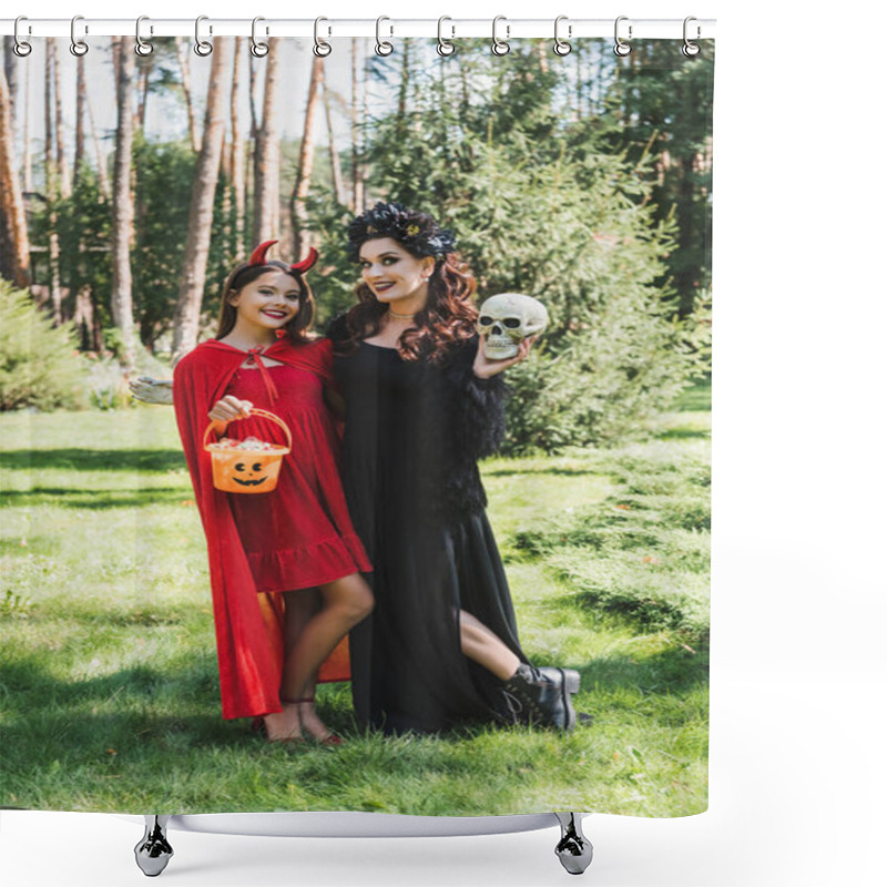 Personality  Cheerful Mom And Daughter In Devil And Vampire Halloween Costumes Posing With Skull And Bucket Of Sweets Shower Curtains